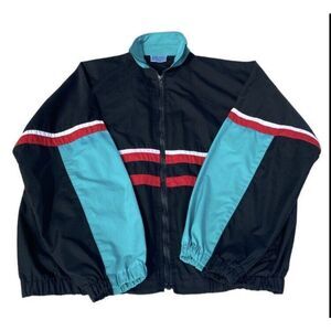 Vintage Men’s  Windbreaker Colorblock XL Full Zip Jacket Collared Black Teal Red